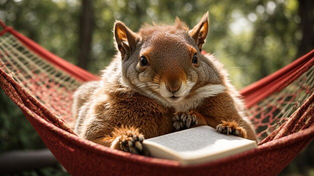 Una ardilla leyendo un libro mientras está cómodamente sentada en una hamaca