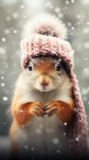 Foto la ardilla con un lindo sombrero rojo tejido y una bufanda clima nevado invierno