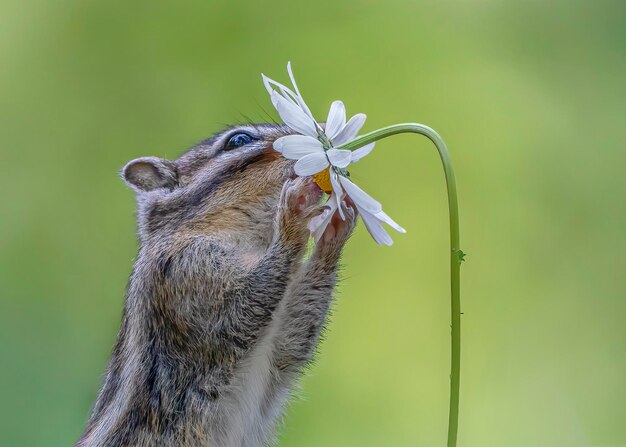 ardilla listada (Eutamias sibiricus) disfrutando de las flores. Ardilla de tierra con hermosas flores blancas