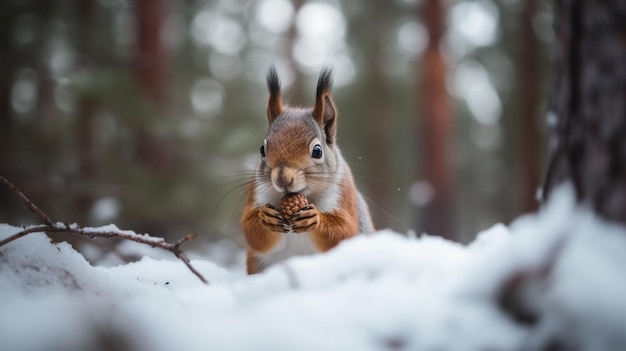 Ardilla en la nieve con una nuez en la boca