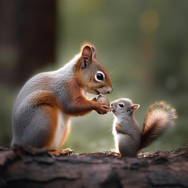 Una ardilla y una pequeña ardilla están sentadas en el tronco de un árbol.