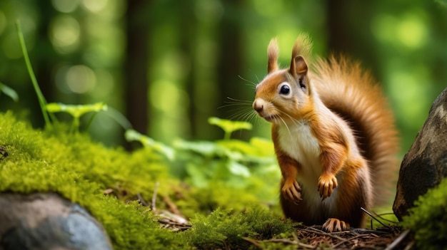 La ardilla roja se alza en el bosque