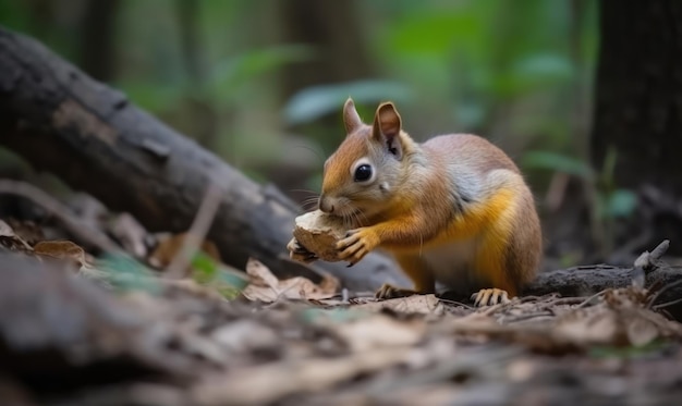 Una ardilla roja come una nuez en el bosque.