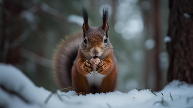 Una ardilla roja come una nuez en la nieve.