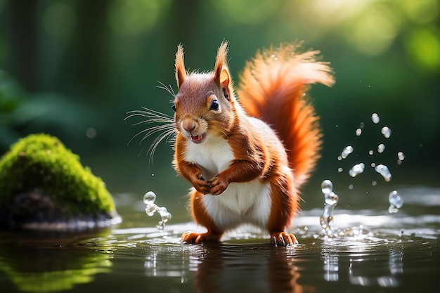 Una ardilla roja salvaje con nueces en la boca salta al agua estanque natural en el bosque en verano