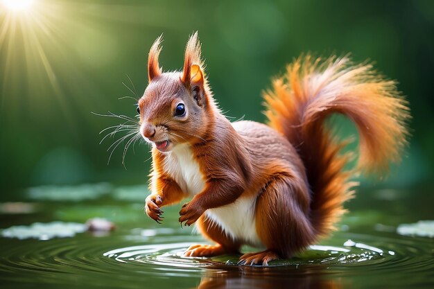 Una ardilla roja salvaje con nueces en la boca salta al agua estanque natural en el bosque en verano