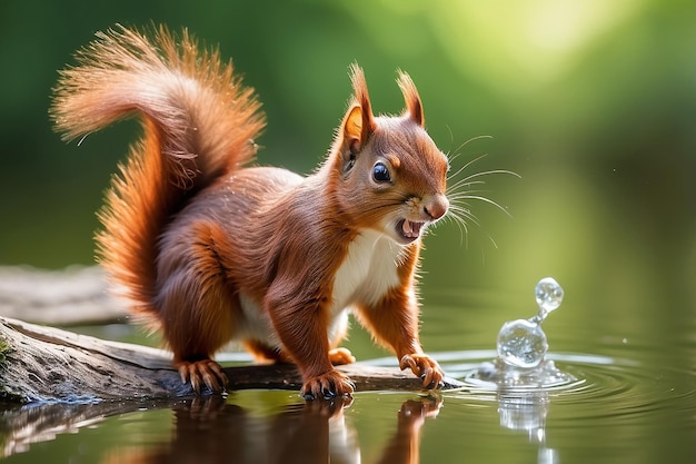 Una ardilla roja salvaje con nueces en la boca salta al agua estanque natural en el bosque en verano