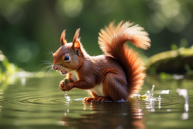 Una ardilla roja salvaje con nueces en la boca salta al agua estanque natural en el bosque en verano