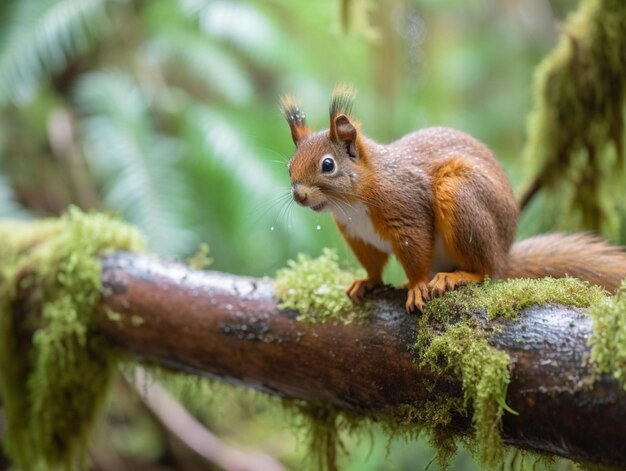 Una ardilla roja se sienta en una rama en un bosque.