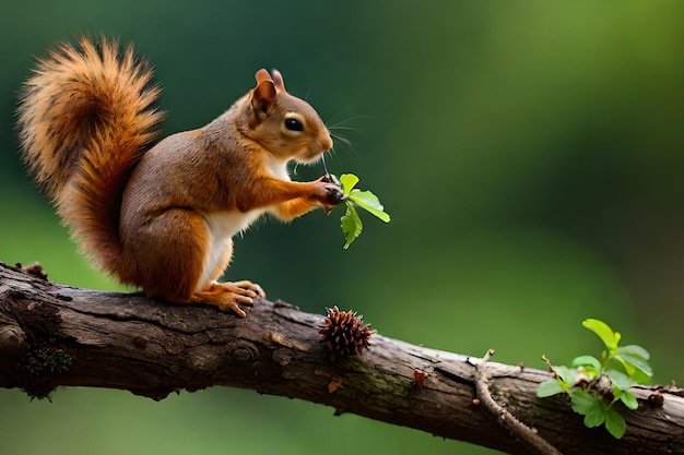 Una ardilla roja se sienta en una rama comiendo una hoja.