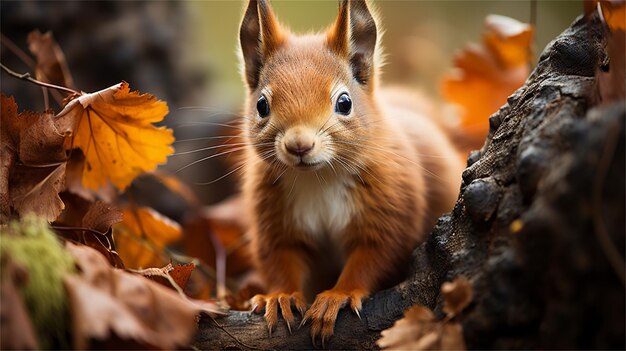 La ardilla roja se sienta en un tronco en el bosque de otoño y mira a la cámara