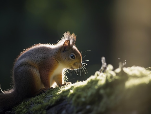 Una ardilla roja se sienta en un tronco en el bosque