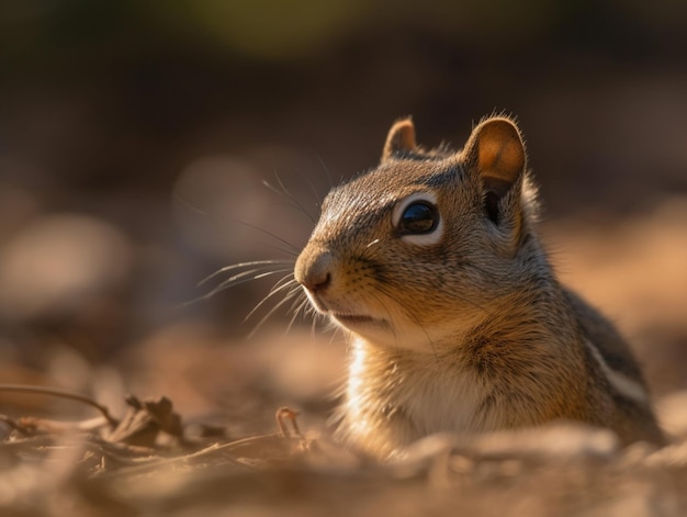 Una ardilla se sienta al sol en un suelo seco.