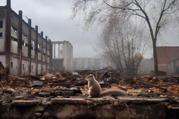 Una ardilla se sienta en un edificio en ruinas con un árbol al fondo.