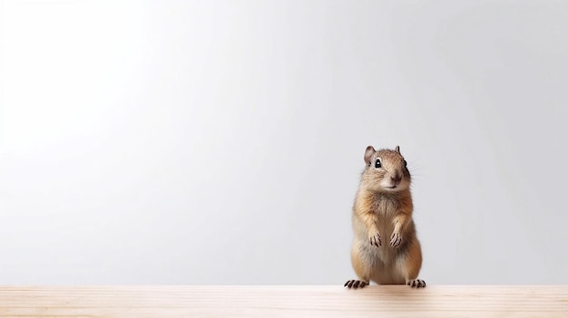 Una ardilla se sienta en una mesa frente a un fondo blanco.