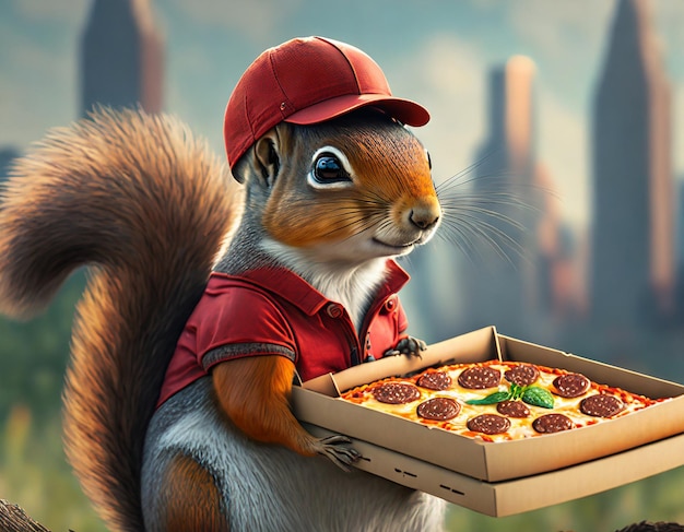 Foto la ardilla con el sombrero rojo entregando pizza.
