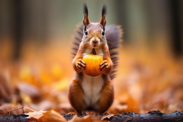 Foto ardilla sosteniendo una nuez con fondo de hojas de otoño