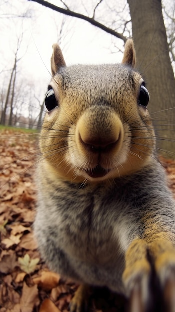 La ardilla toca la cámara tomando una selfie Retrato selfie gracioso de un animal