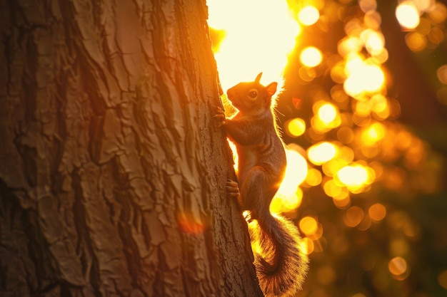 Foto la ardilla trepando por el tronco del árbol