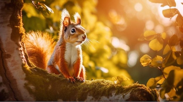 Ardilla en el tronco de un árbol en el bosque de otoño Fondo de otoño