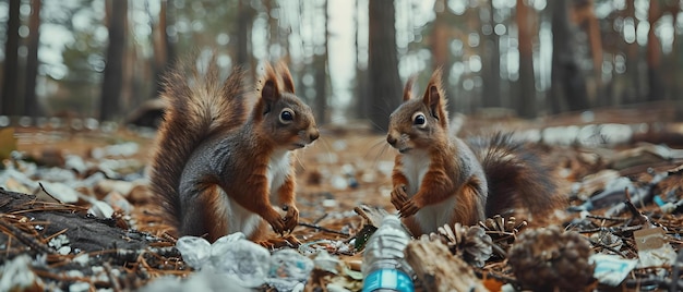 Las ardillas entre la basura muestran el concepto de contaminación Fotografía de la naturaleza Conciencia ambiental Conservación de la vida silvestre Impacto de la contaminación Comportamiento de los animales