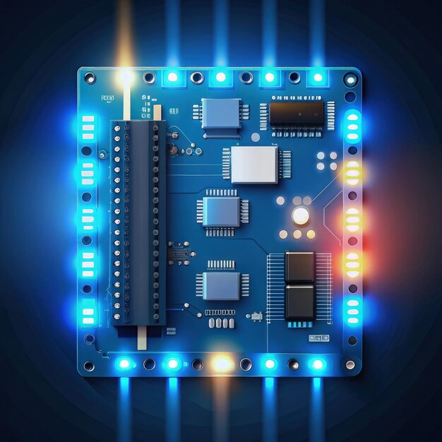 Arduino-LED-Verbindungen auf einer nachts beleuchteten Leiterplatte Generative KI