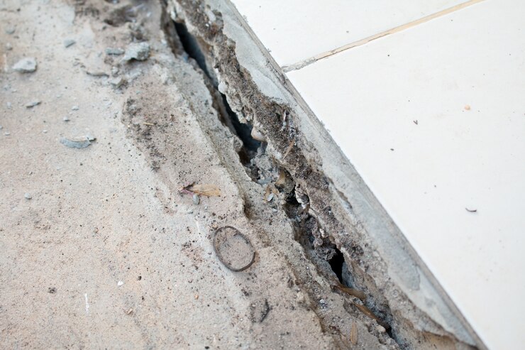 El área alrededor de la casa se derrumbó, la pintura se despegó de la pared. Pared al aire libre. Pared de fondo
