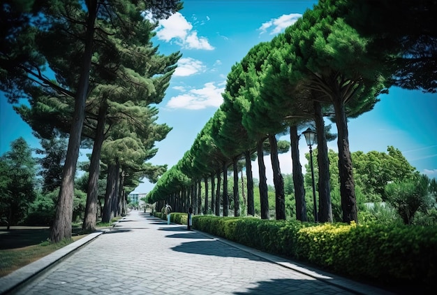 un área de árboles verdes cerca de una pasarela al estilo de cielos detallados