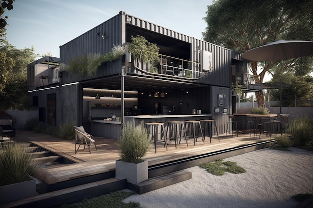 Área de bar de patio trasero de diseño de casa moderna hecha con contenedores de envío