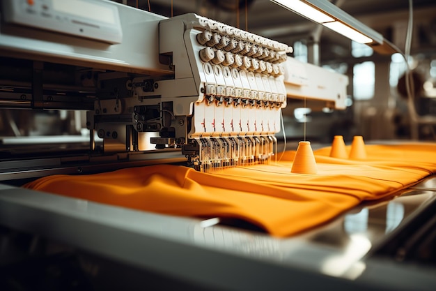 Foto Área de bordado en una fábrica textil máquinas y sistemas tecnológicos modernos máquina de deformación de hilo naranja en una fábrica de tejido textil ai generativo