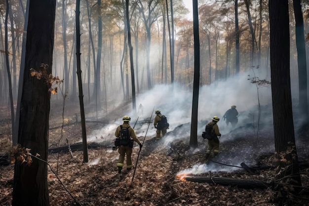 Área boscosa con humo y bomberos IA generativa