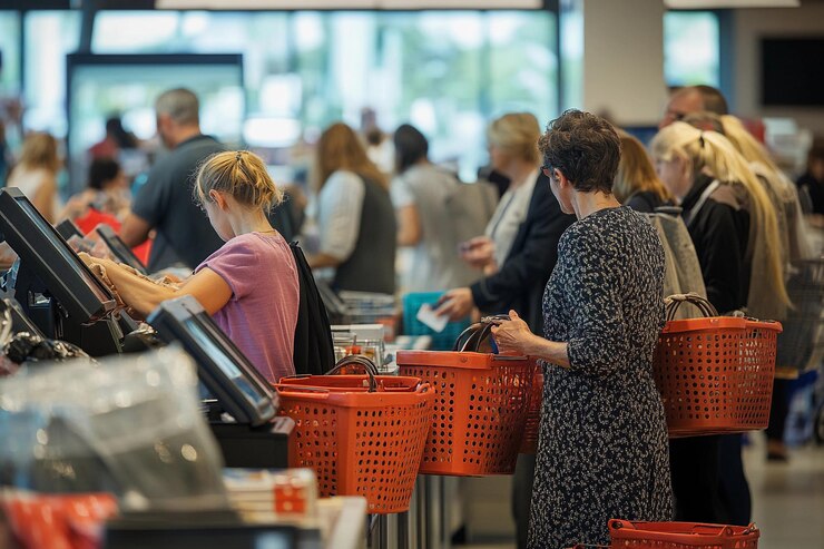 Área de caja ocupada del supermercado llena de compradores y cestas de compras IA generativa