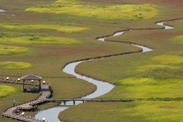 Área cênica do parque ecológico e da via navegável, campo de sal de taepeong, sinan-gun, koera sul