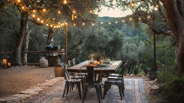 Un área de comedor al aire libre con una mesa de madera salvada rodeada de sillas de metal suavizadas por una cuerda