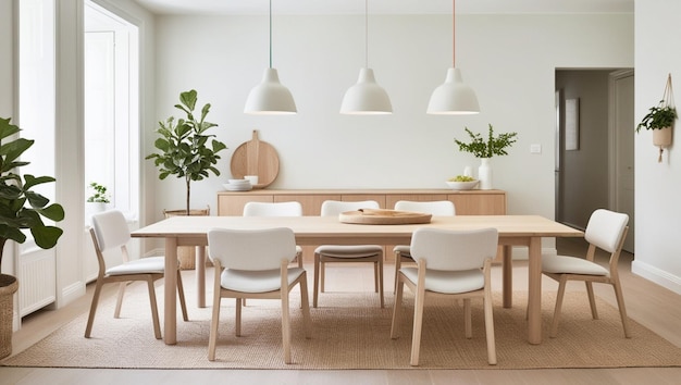 Área de comedor escandinava elegante mesa de madera ligera sillas pastel decoración minimalista amplificador diseño funcional