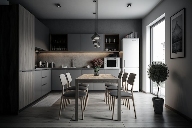 Área de comedor en el interior moderno de la cocina gris IA generativa