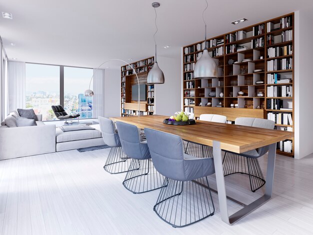 de comedor con una mesa de diseño moderno con sillas en loft. grandes estantes empotrados para libros, cocina y sala de estar. representación 3d | Foto Premium