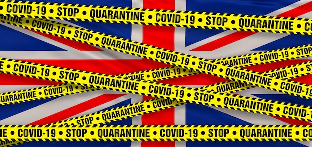 Foto Área de cuarentena de coronavirus covid19 en gran bretaña. fondo de bandera británica. ilustración 3d