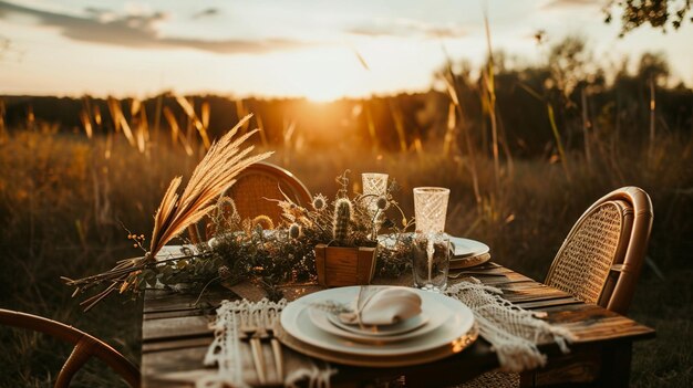 Foto Área de cerimônia de casamento em estilo boho com flores secas casamento ao ar livre no pôr do sol ai generative