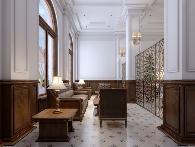 Área de espera luxuosa em um hotel cinco estrelas com móveis de madeira maciça. Renderização 3D.