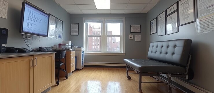 Foto área de espera moderna de consultório médico com mesa de computador e assentos