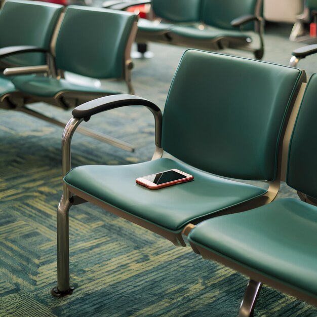 Foto Área de espera moderna do aeroporto com cadeiras de tapete com padrões e smartphone no assento para mídias sociais