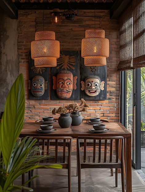 Foto Área de jantar aconchegante de inspiração birmanesa com mesa de jantar de madeira de teca layout interior tradicional decoração criativa