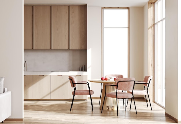 Foto Área de jantar em mesa de cozinha de madeira moderna e cadeira rosa perto da janela renderização 3d