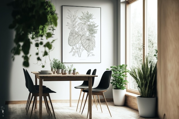 Área de jantar moderna com um interior elegante e botânico que apresenta um design artesanal