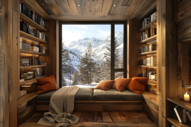 Foto Área de leitura aconchegante inspirada em cabanas com painéis de madeira