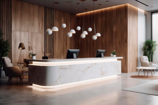 Área de lobby elegante com design contemporâneo de balcão de recepção com interior moderno em branco e madeira