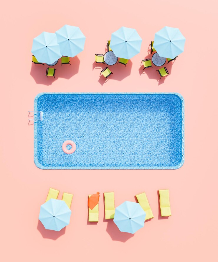 Área de piscina ao ar livre com espreguiçadeiras e café