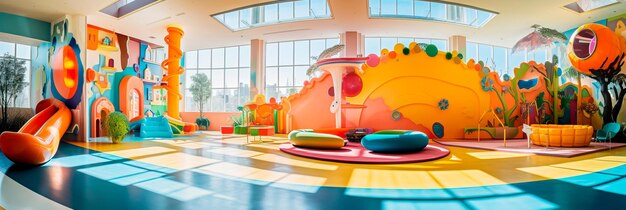 Foto Área de recreação infantil excêntrica e colorida no lobby de um hotel com jogos e brinquedos interativos ia generativa