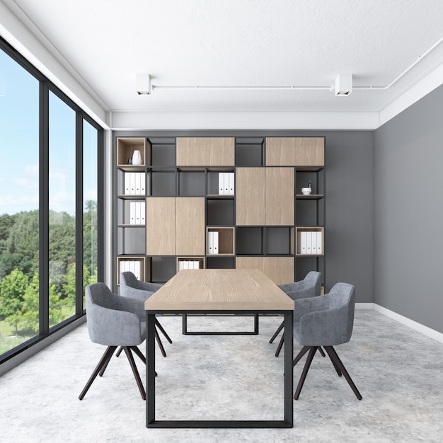 Área de reunião de loft minimalista com mesa de madeira e parede cinza prateleira e piso de concreto renderização em 3d